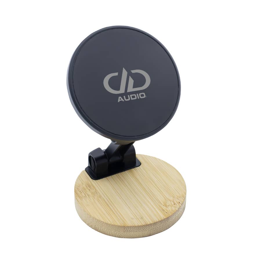 A magnetic phone holder with a round black top and a wooden base, featuring a logo. Kulik Magnetic Phone Holder - Image 1