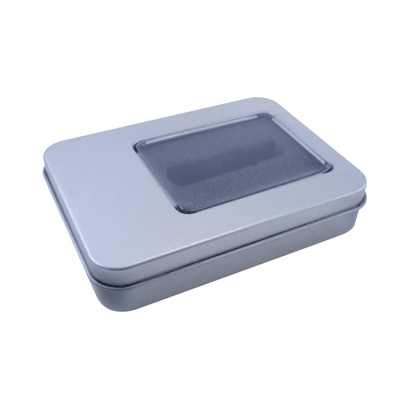 A silver tin container with a clear PVC window, designed for pen packaging. Branding Tin with PVC Window - Image 1