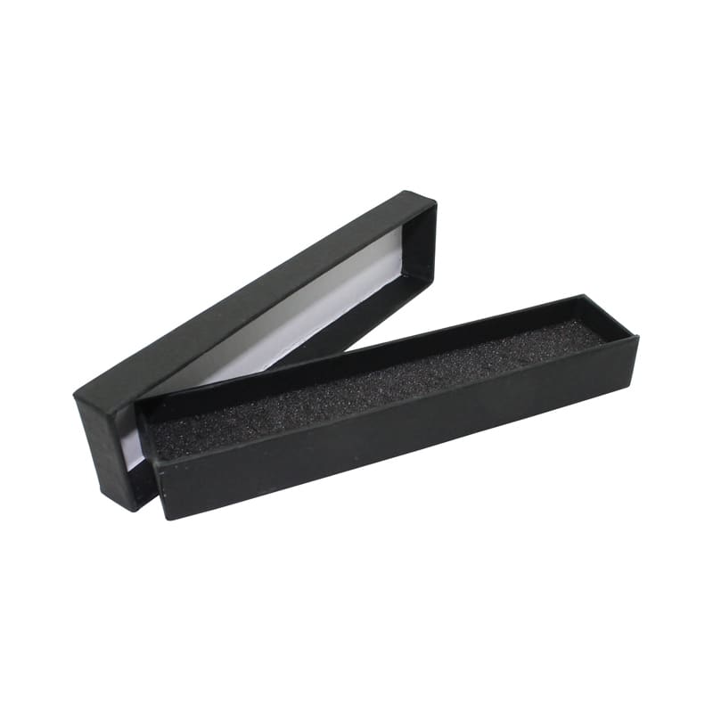 A black two-part pen box with a sleek design and a foam interior for cushioning. It features a transparent top section. Two Part Pen Box - Image 1