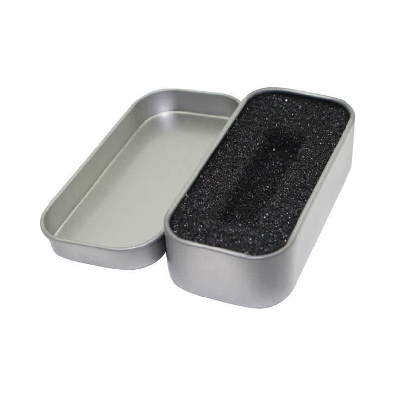 A silver tin box with a removable lid, featuring a black foam interior for pen packaging. Elong Tin 2 - Image 1