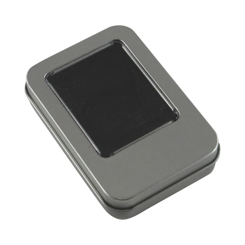 A grey tin with a PVC window, designed for packaging pens. The tin has a sleek, rectangular shape. Branding Tin 2 with PVC Window - Image 1