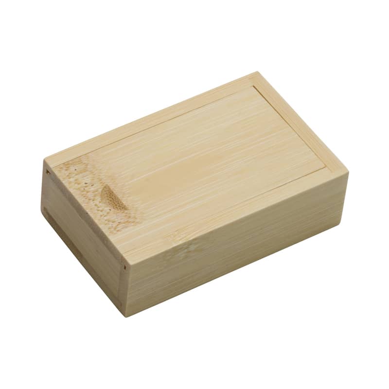 A wooden slide box in a light natural bamboo finish, featuring a smooth, rectangular design and a simple logo. Wooden Slide Box - Image 1