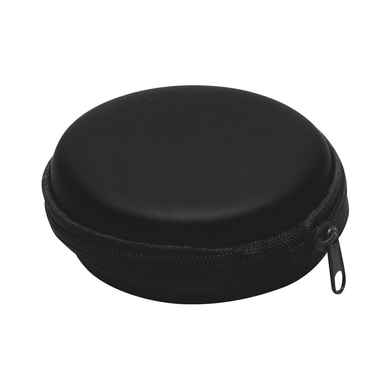 A round, black zippered case with a smooth surface, ideal for storing small items. Features a zip closure. EVA Zippered Case A - Image 1