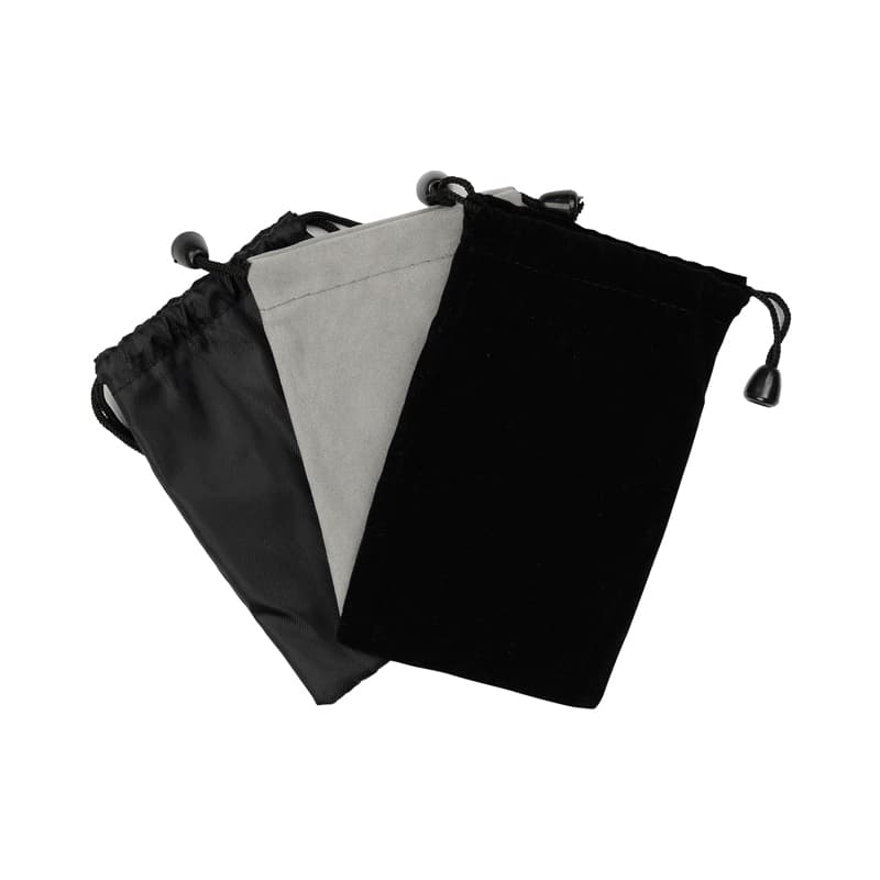 A set of three drawstring pouches in black, grey, and a lighter shade, each featuring a toggled drawstring closure. Drawstring Pouch - Image 1