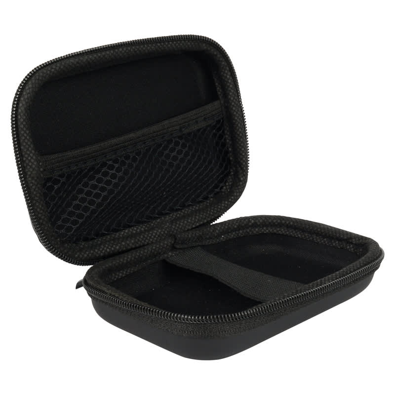 A black zippered case with a mesh pocket and a strap inside, designed for storage. EVA Zippered Case C (Stock) - Image 1