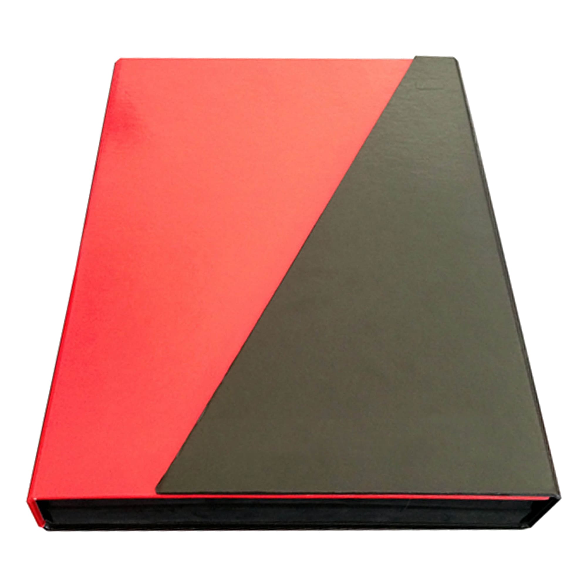 A pen sample folder featuring a vibrant red and black design, with a sleek finish and a logo on the cover. Pen Sample Folder - Image 1