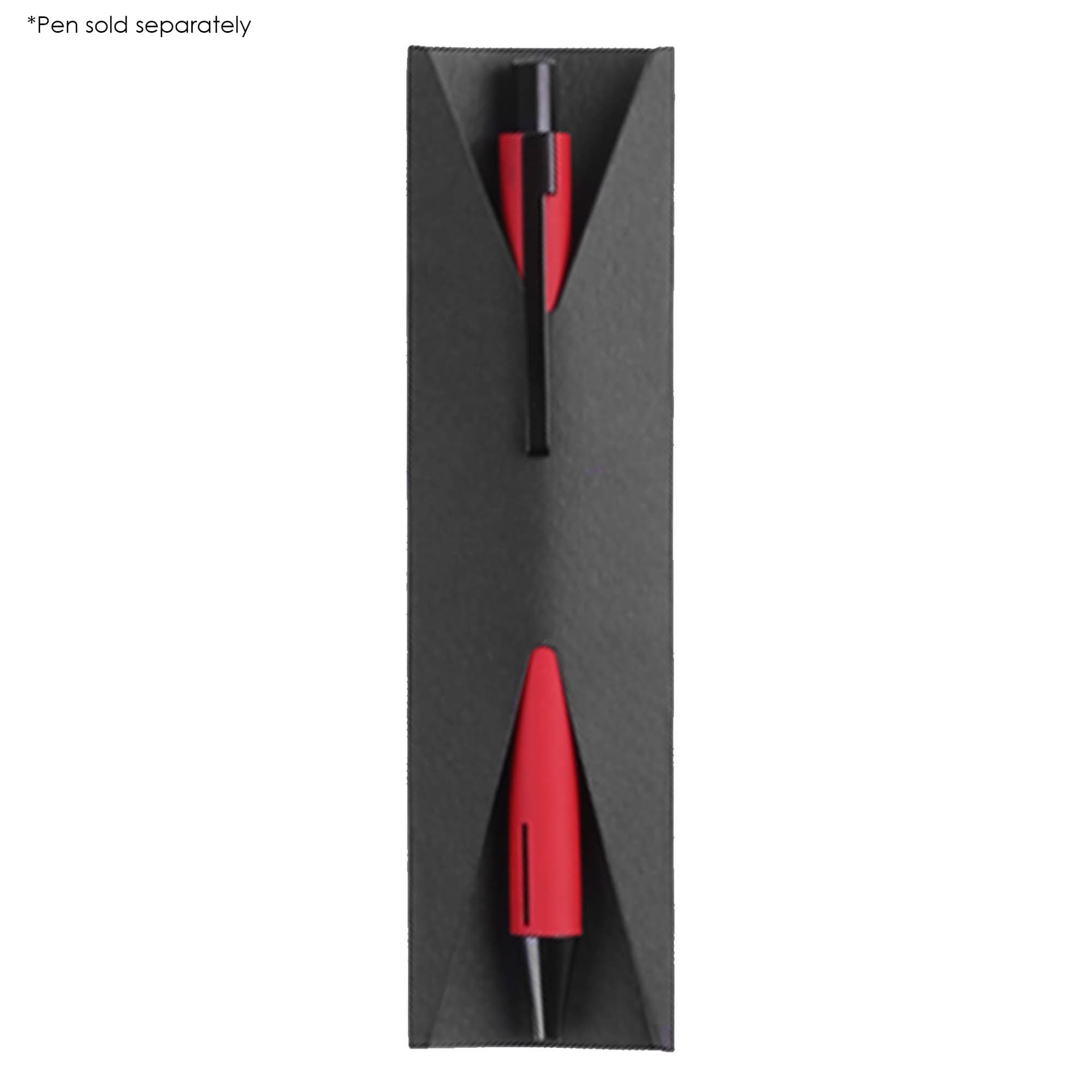 A red pen sleeve made of black material, featuring a sleek design and space for a pen. Includes a logo. Single Paper Pen Sleeve - Image 1