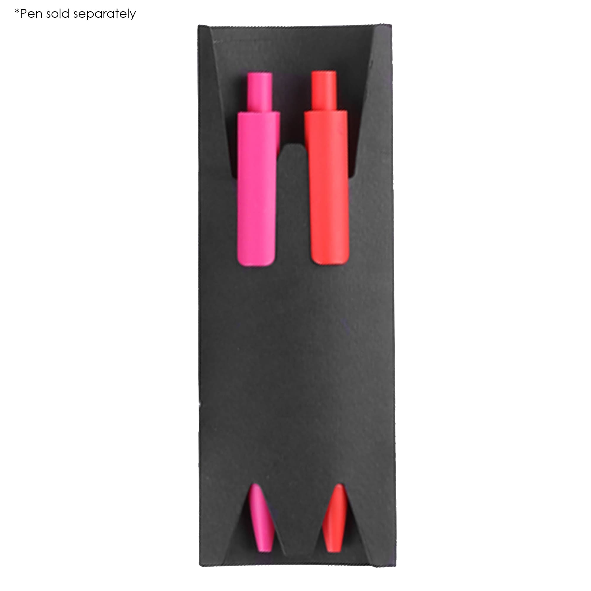 A double paper pen sleeve in black, featuring two slots for pens in pink and red. Includes a logo. Double Paper Pen Sleeve - Image 1