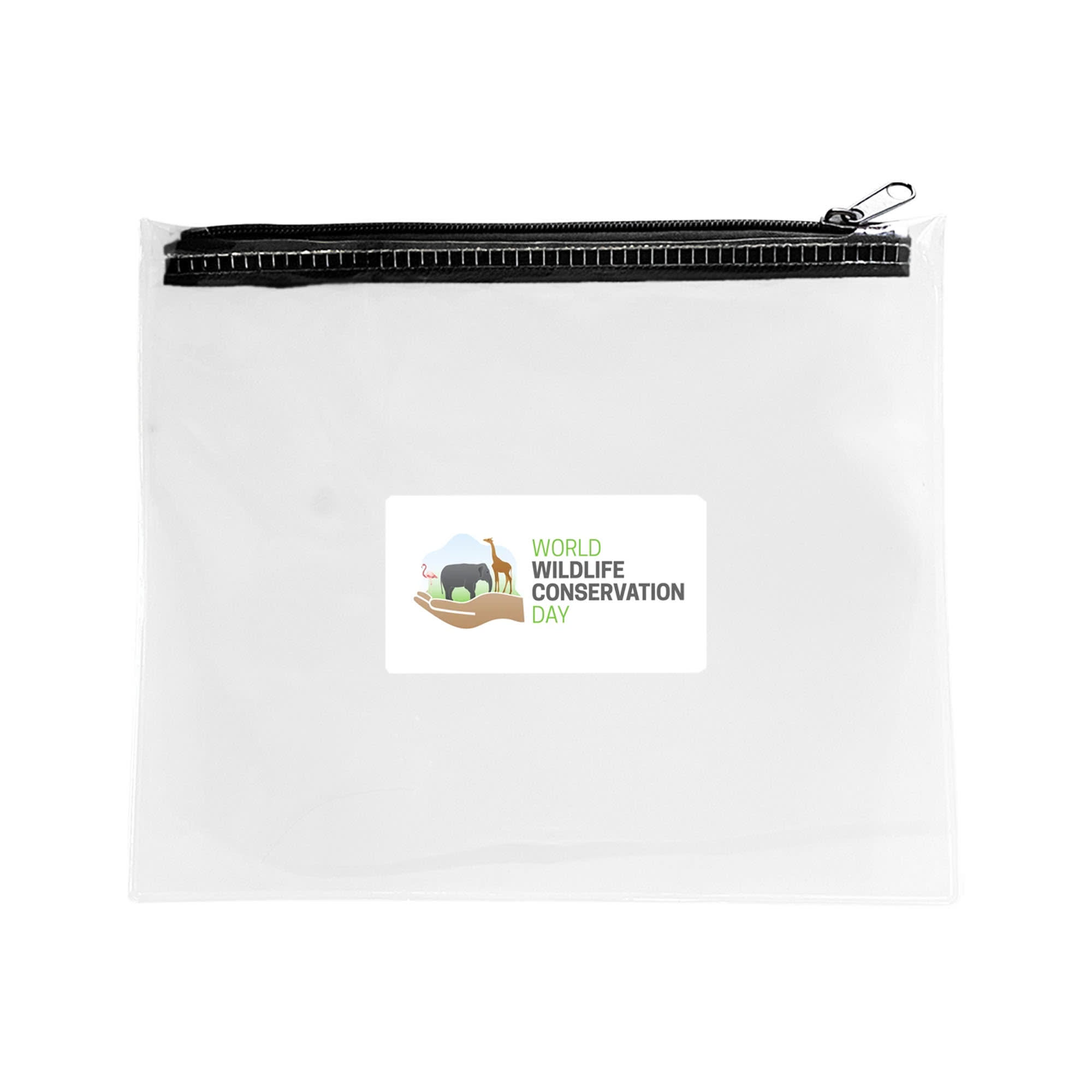 A clear pouch with a zip closure, featuring a logo and graphic related to wildlife conservation. Isuki Pencil Case - Image 1