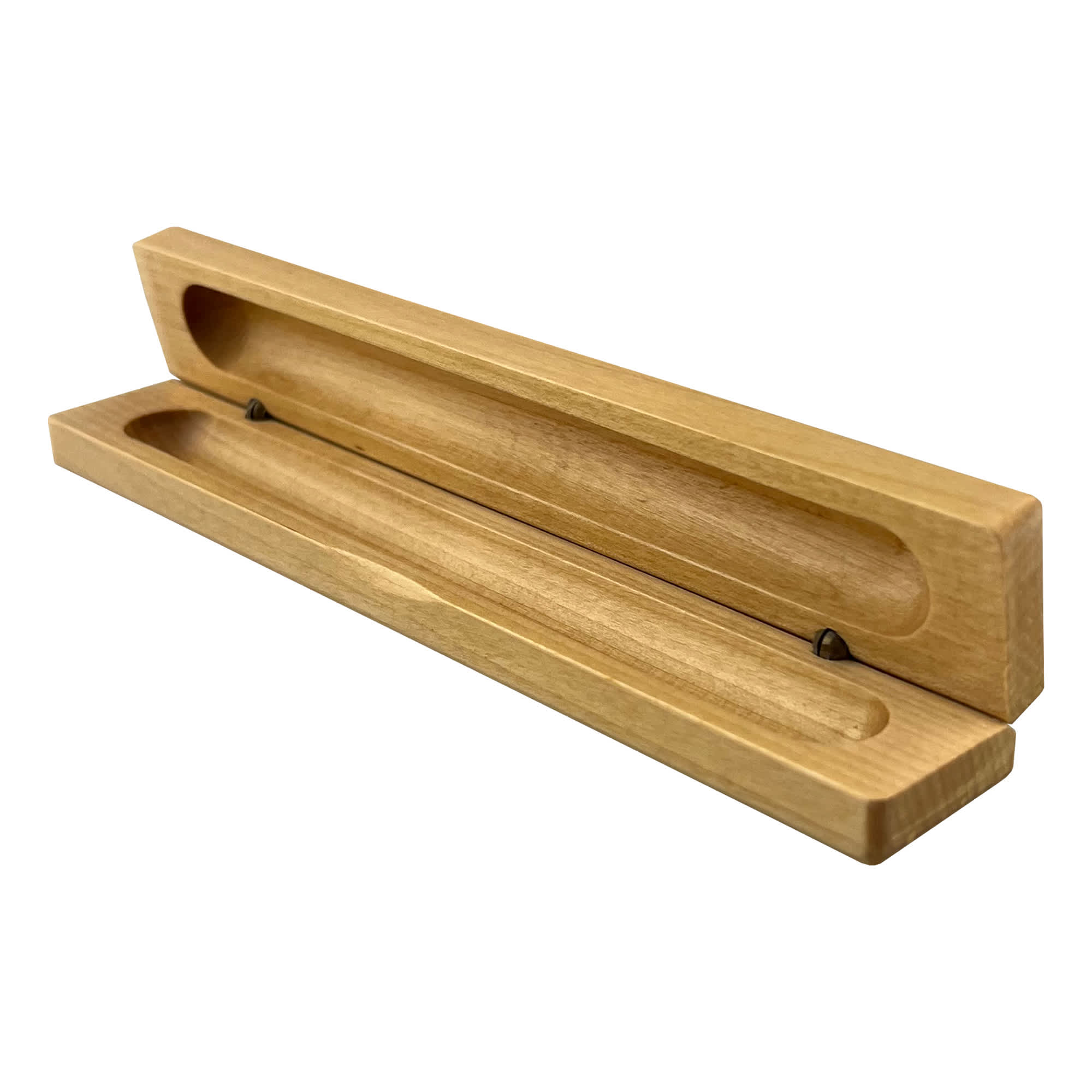 A wooden pen case in a light natural finish, featuring a sleek design with a hinge for easy access. Wood Single Presenter - Image 1