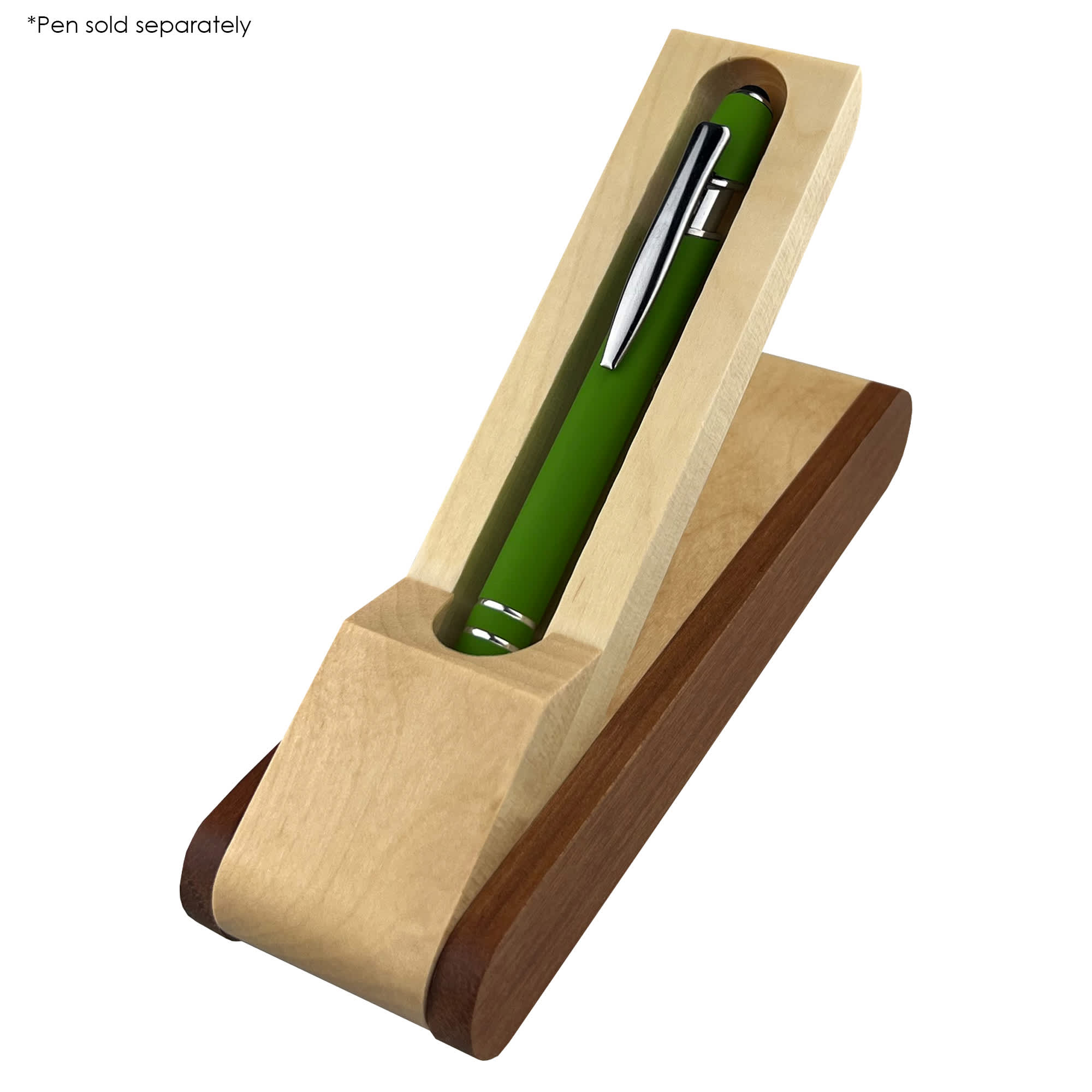 A wooden pen stand in natural and dark brown tones, featuring a slot for a green pen. Includes a logo. Wood Twist Presenter - Image 1