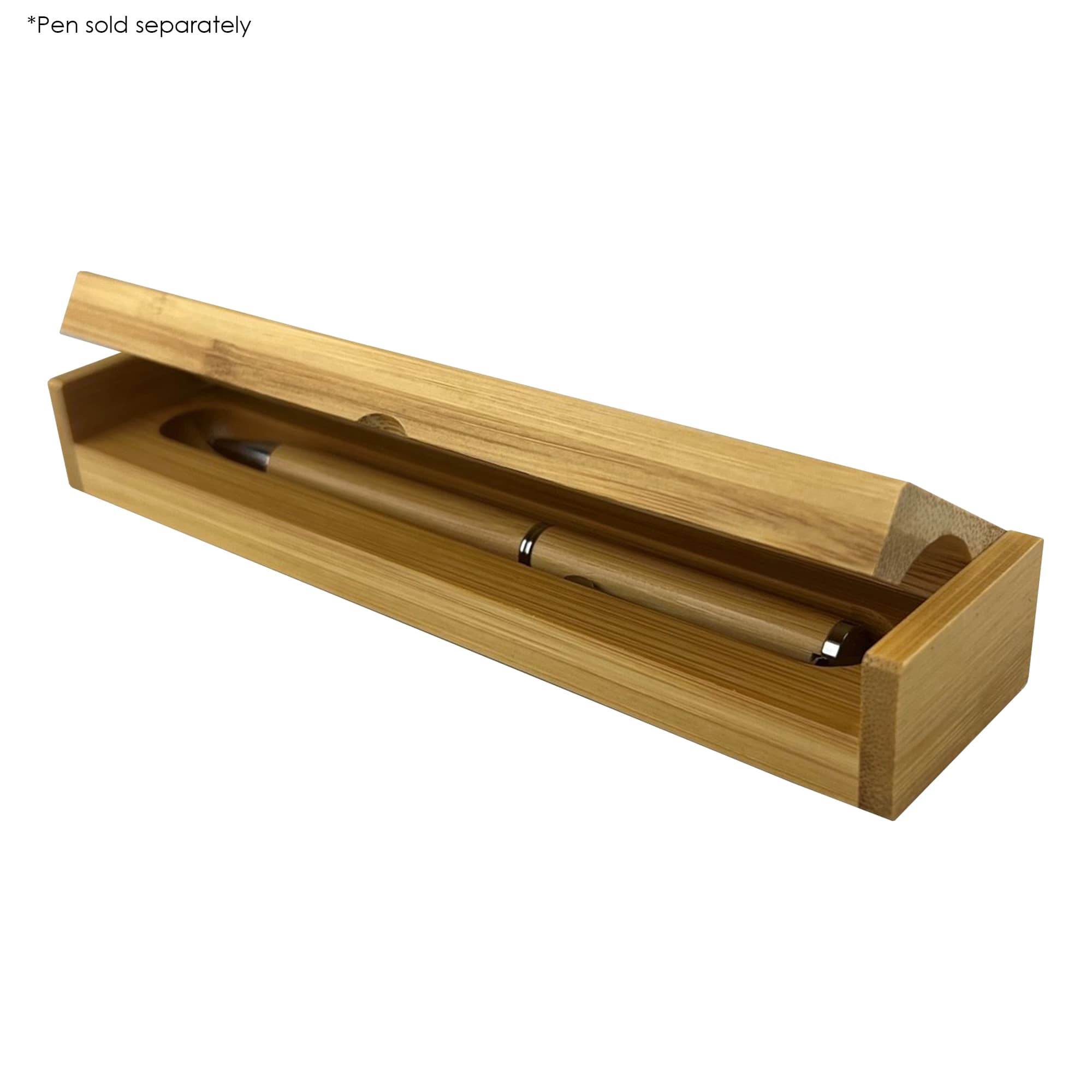 A bamboo gift box with a removable lid, containing a single pen. The box features a natural wood finish. Bamboo Single Pen Gift Box - Image 1
