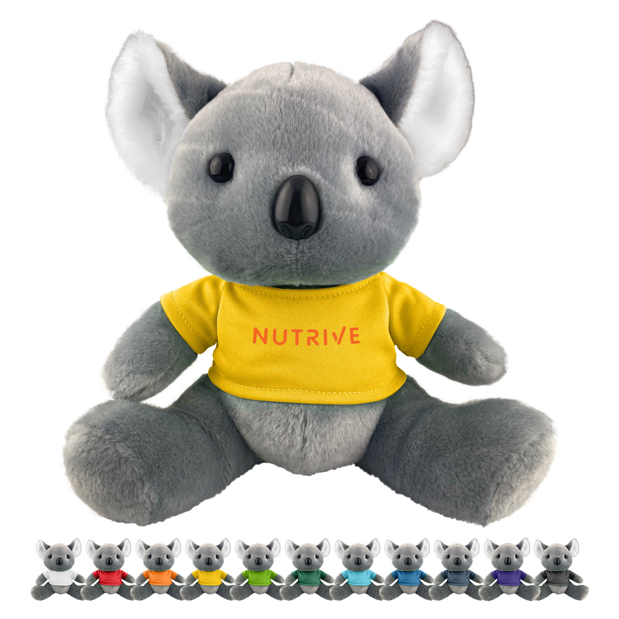 A grey koala plush toy wearing a yellow shirt, featuring a black nose and large ears, with a branding logo. Koala Plush - Image 1
