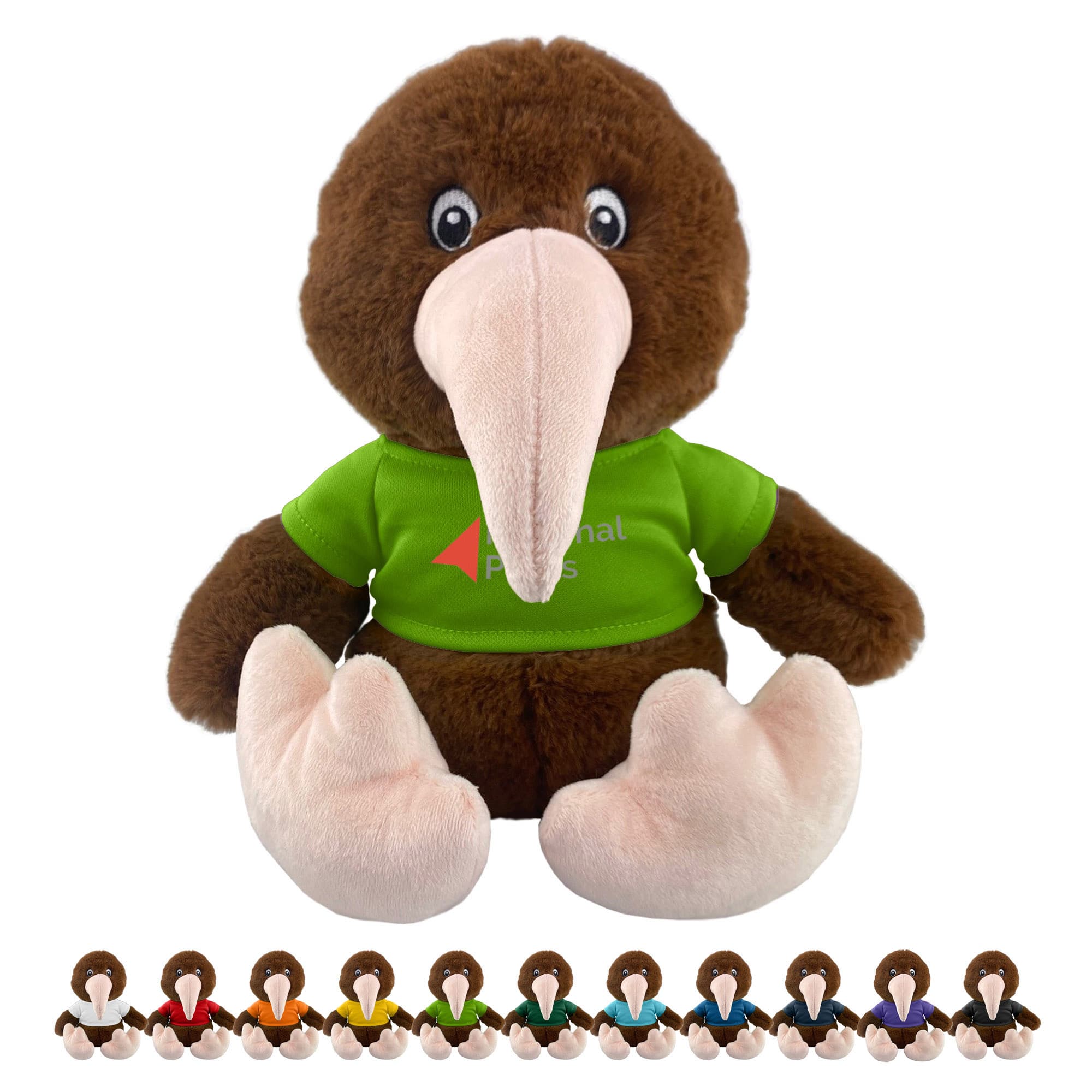 A brown kiwi plush toy with a long beak and wearing a green t-shirt, seated with colourful toy options below. Kiwi Plush - Image 1