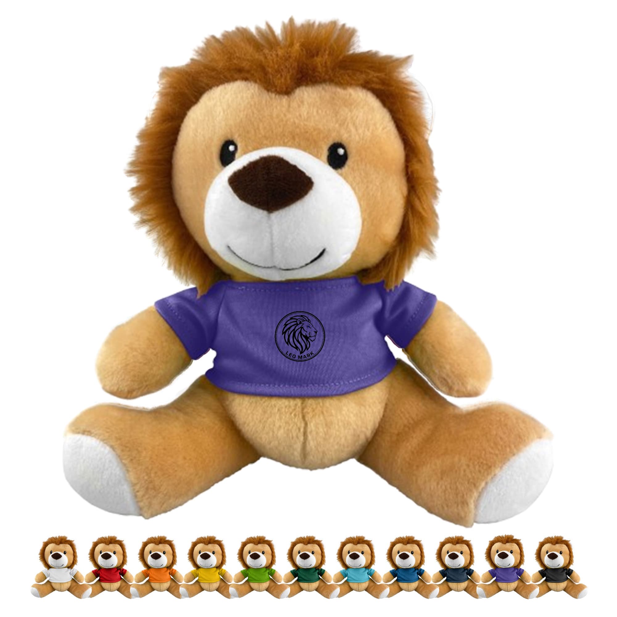 A plush lion toy with a brown body and a purple T-shirt, featuring a friendly face and a tuft of hair on its head. Lion Plush - Image 1