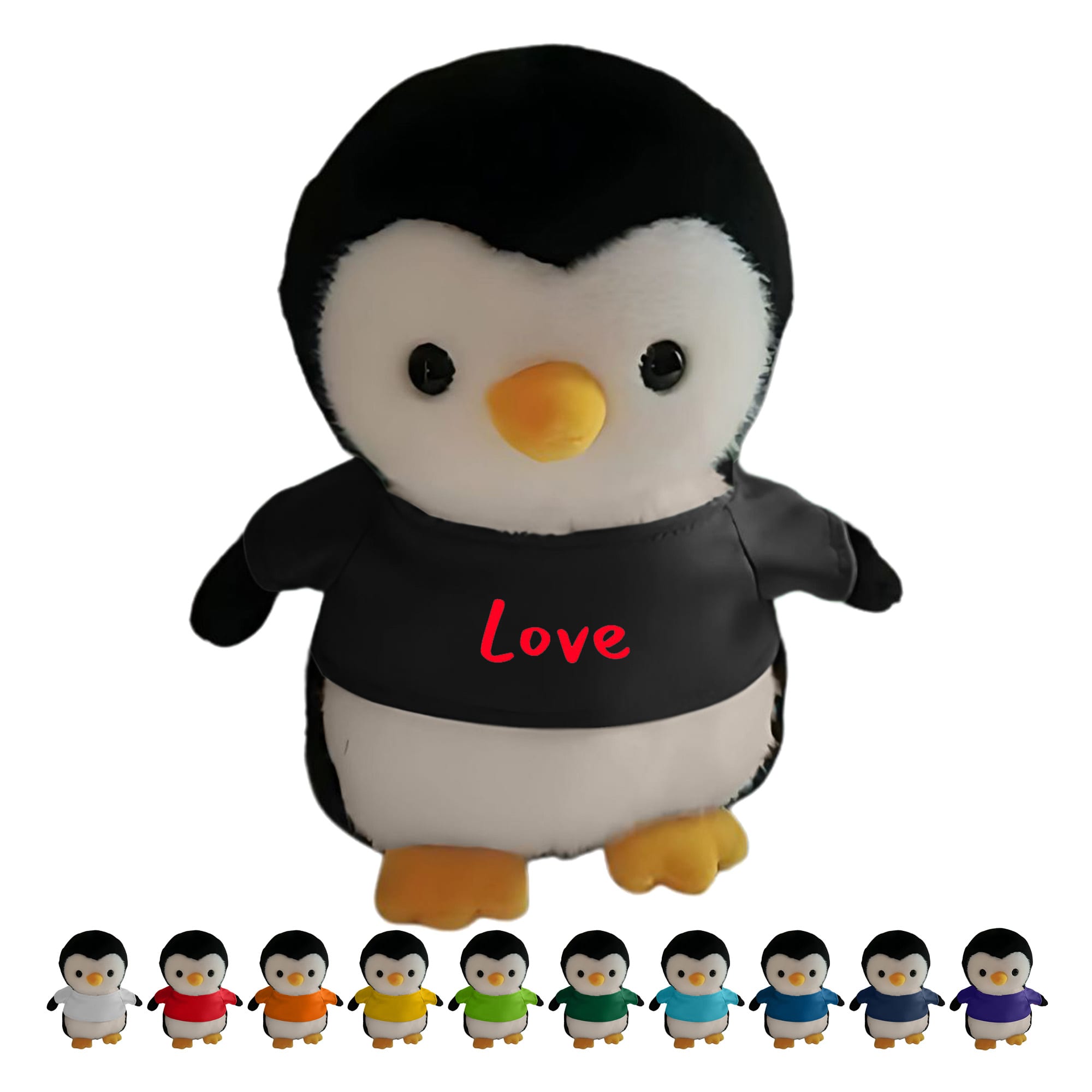 A plush penguin in black and white with a yellow beak, wearing a shirt that says "Love", surrounded by smaller penguins in various colours. Penguin Plush - Image 1