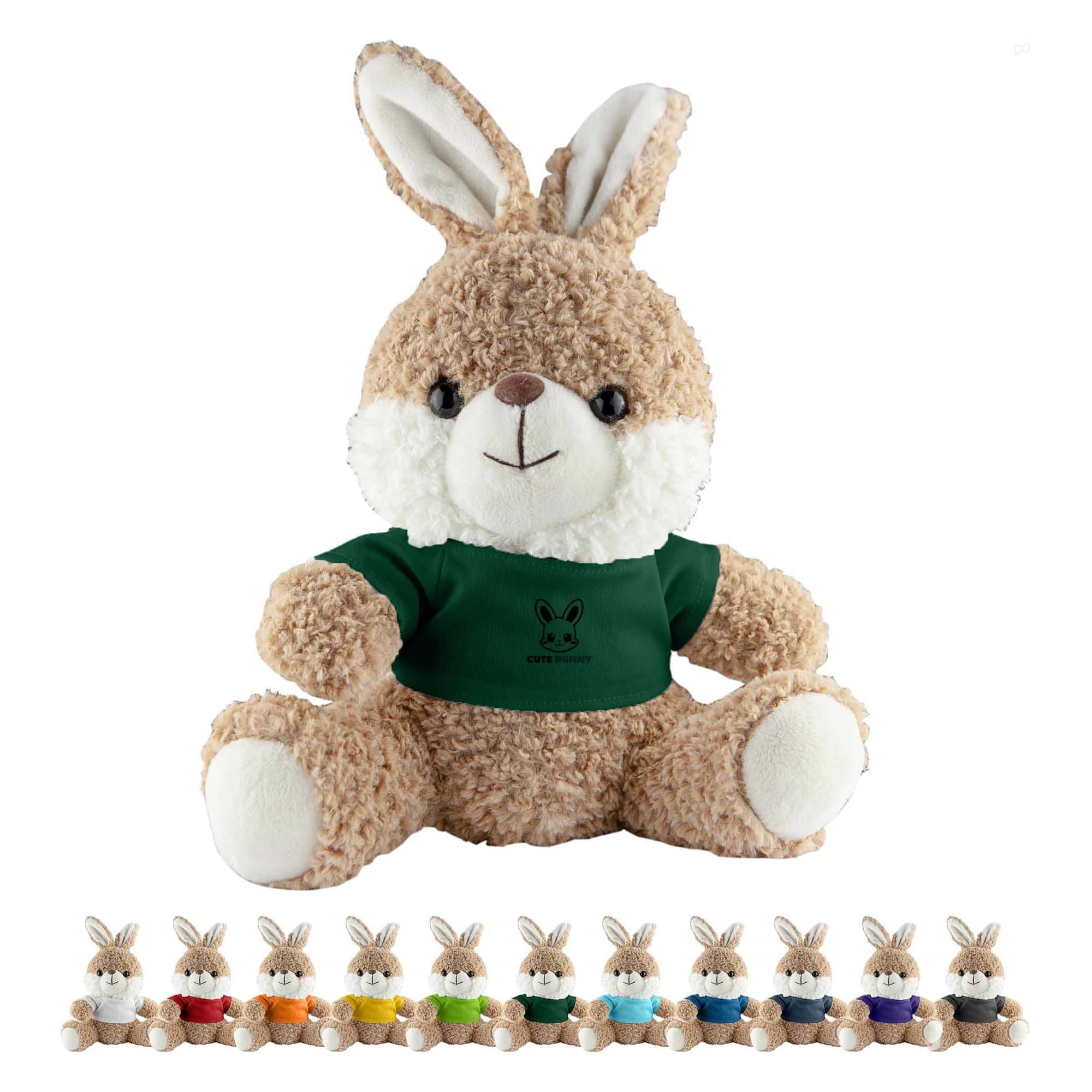 A fluffy brown rabbit plush toy with a green shirt, sitting among various smaller bunny plush toys in different bright colours. Rabbit Plush - Image 1