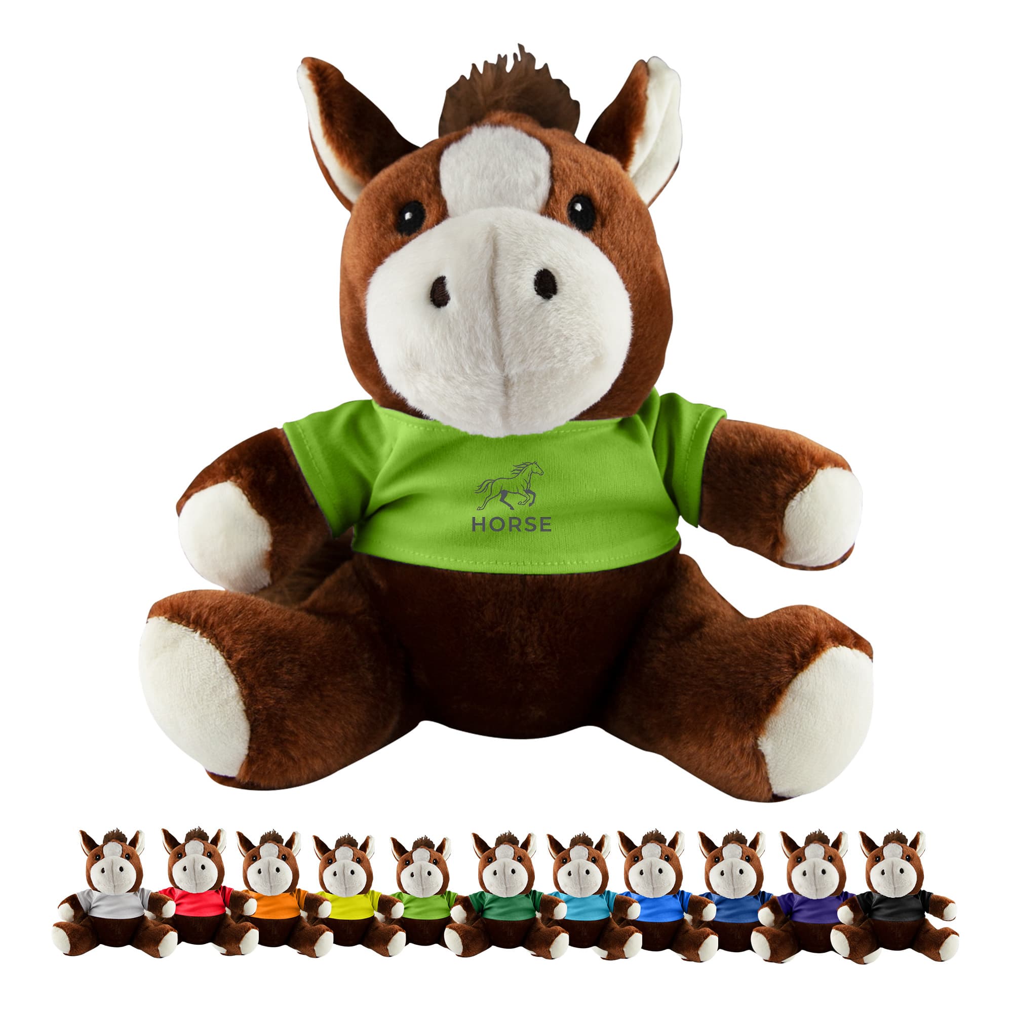 A large brown horse plush toy with a green T-shirt, featuring smaller horse plush toys in various colours lined up below. Horse Plush - Image 1