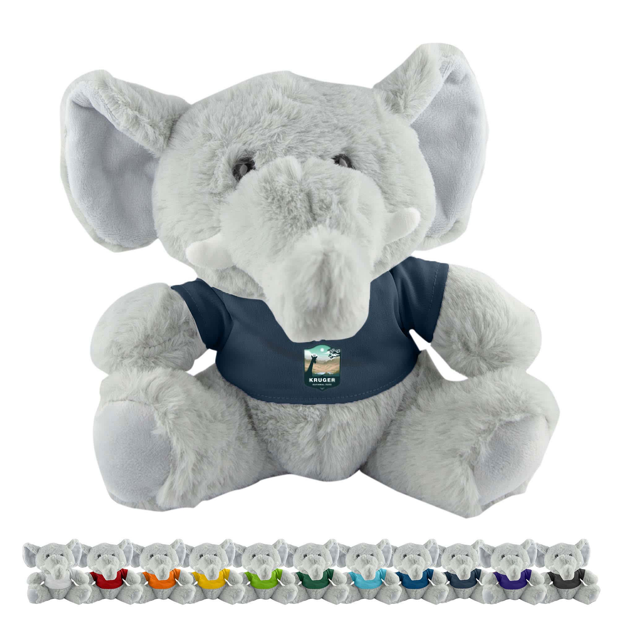 A grey plush elephant with a blue shirt, featuring a logo, surrounded by smaller colourful elephant plush toys. Elephant Plush - Image 1