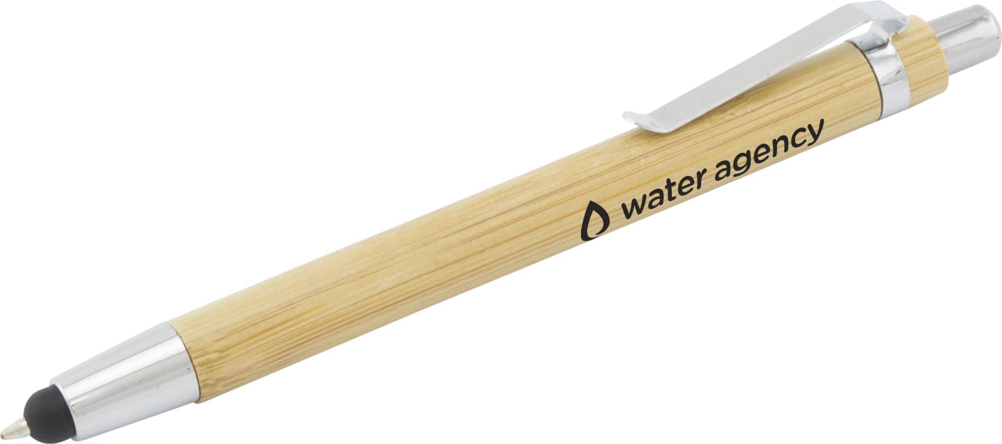 A bamboo pen with a silver clip and tip, featuring a logo on the barrel. Plantation Pen - Image 1