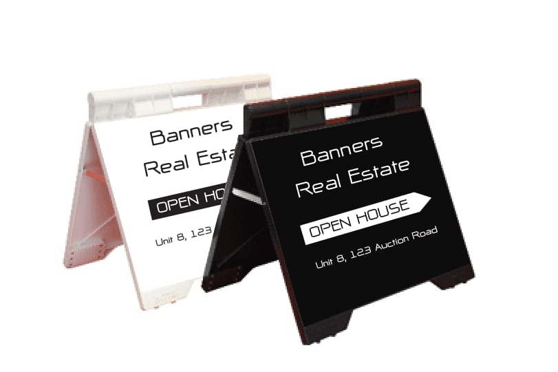 Premium plastic A-frames in black and white, featuring a logo and space for customised signage. Premium Plastic A-Frames / A Frame - Image 1