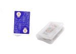 A set of paper playing cards in a clear plastic case, featuring a blue design and various card graphics.