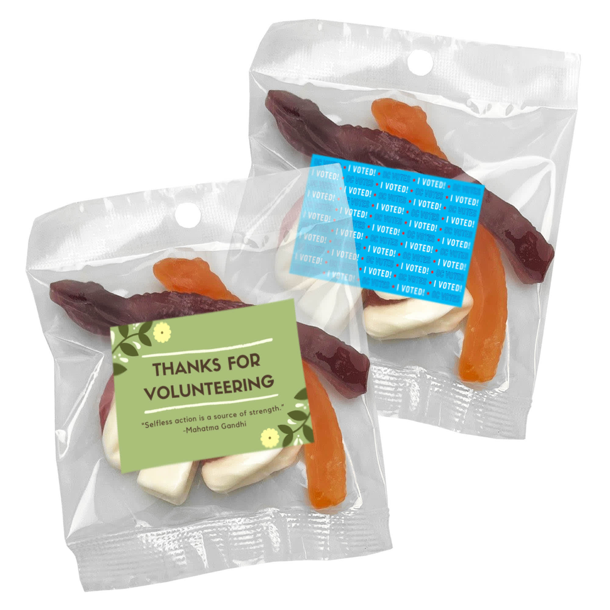 A clear bag containing mixed jelly lollies in vibrant colours, including red, orange, and white. The bag features a logo. Cadbury Fresha Jelly Party Mix 50g - Image 1