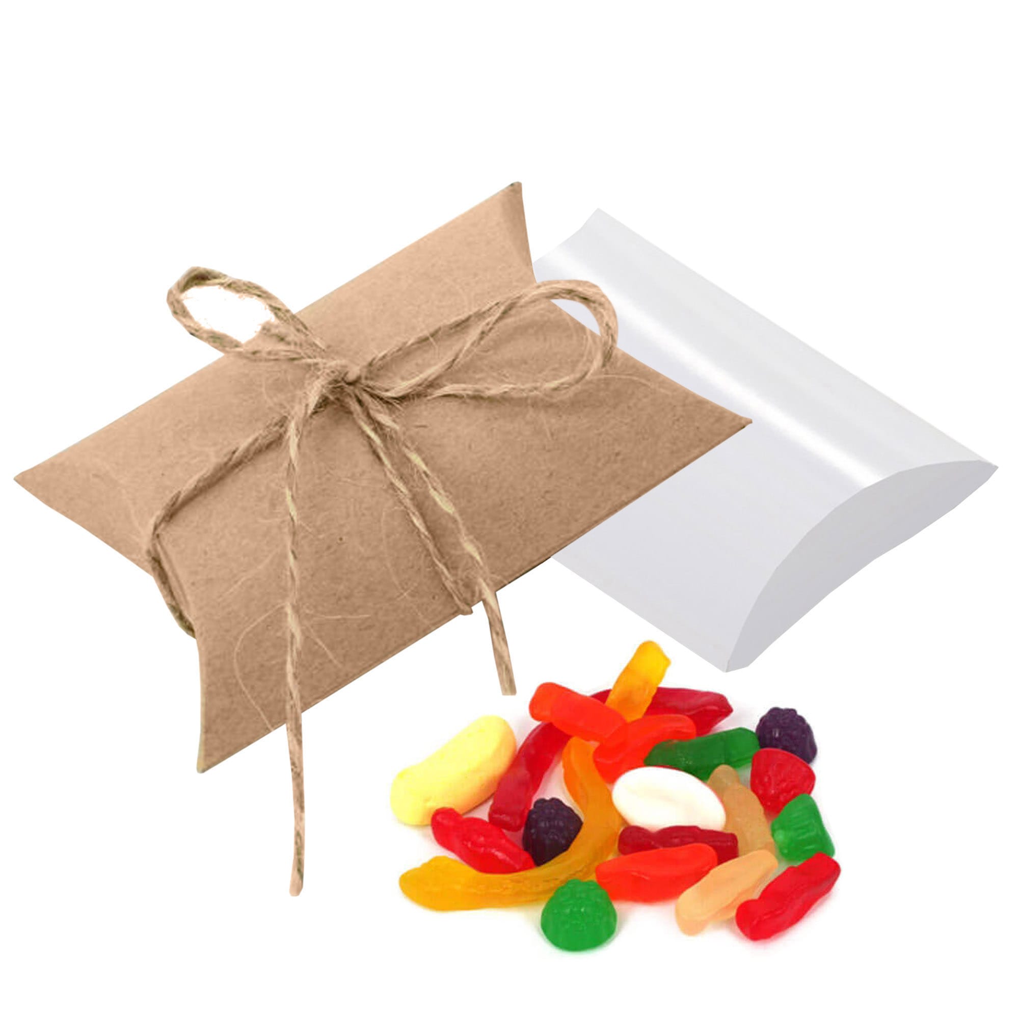 A pillow-shaped package with twine, beside a mix of colourful jelly lollies in various shapes. Jelly Party Mix in Pillow - Image 1