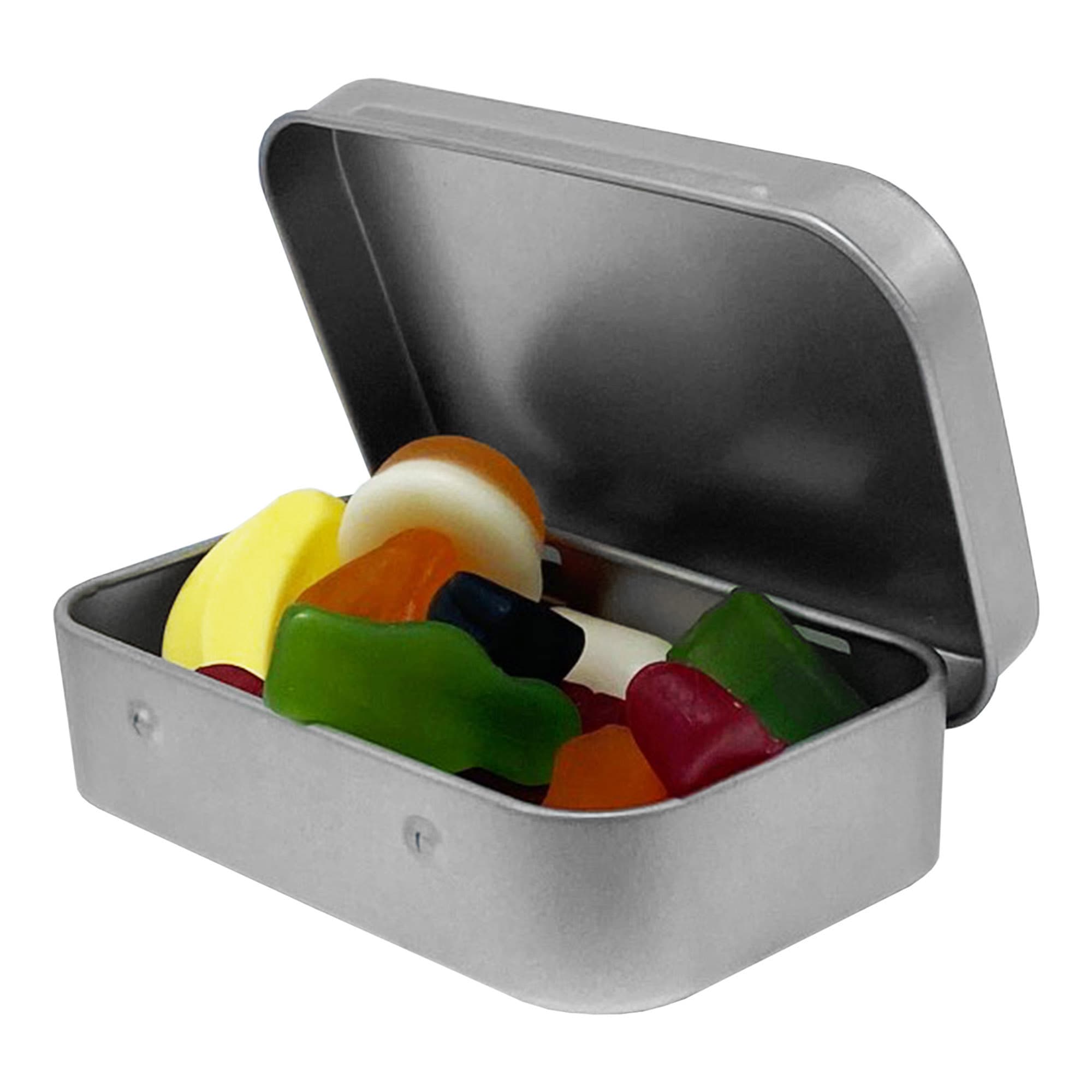 A tin container filled with assorted jelly lollies in vibrant colours, including green, yellow, red, and orange. Jelly Party Mix in Tin - Image 1
