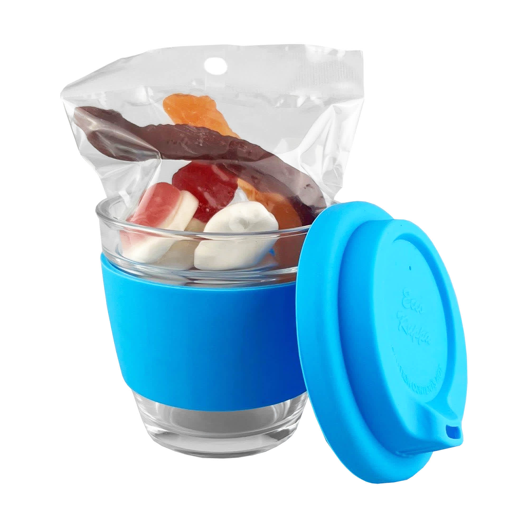 A glass coffee cup with a blue silicone sleeve, filled with assorted jelly lollies inside a sealed bag. Jelly Party Mix in Venice Glass Coffee Cup - Image 1