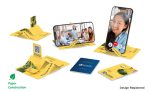 A yellow pop-up slider phone stand made of paper, displayed with various phone angles and a logo.