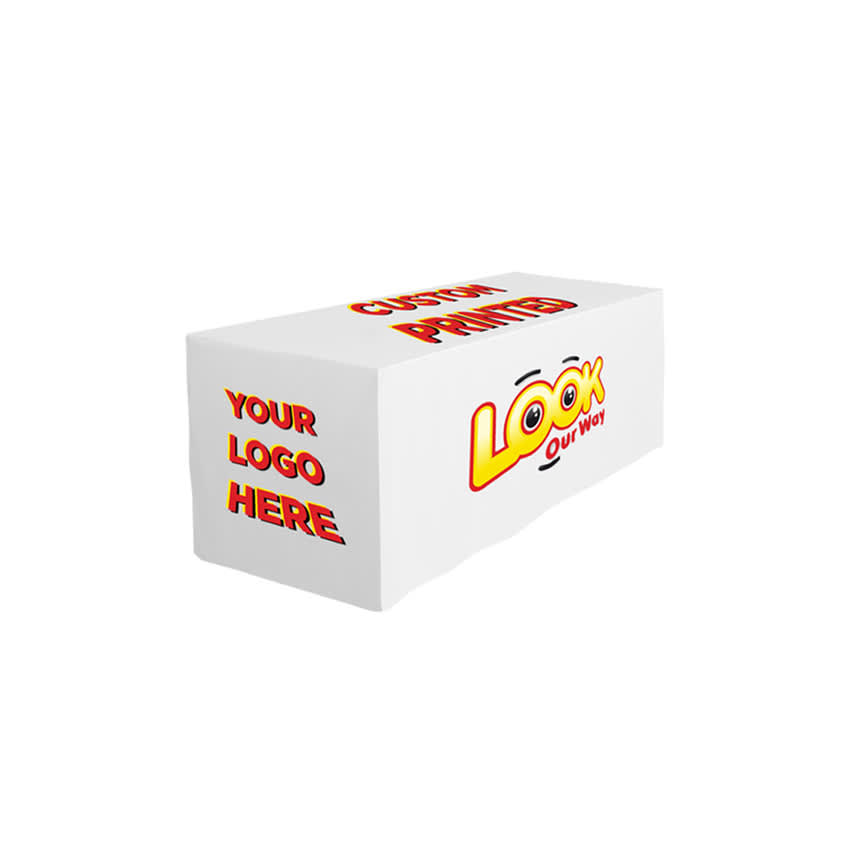 A fitted table cloth in white featuring a logo and vibrant red and yellow text for custom printing. 4-Side Fitted Table Cloth * 4ft - Image 1