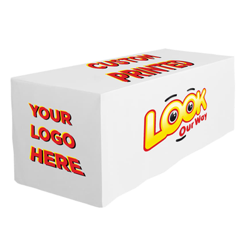 A white 4-side fitted table cloth with a logo and space for custom printing in bold red and yellow text. 4-Side Fitted Table Cloth * 8ft - Image 1