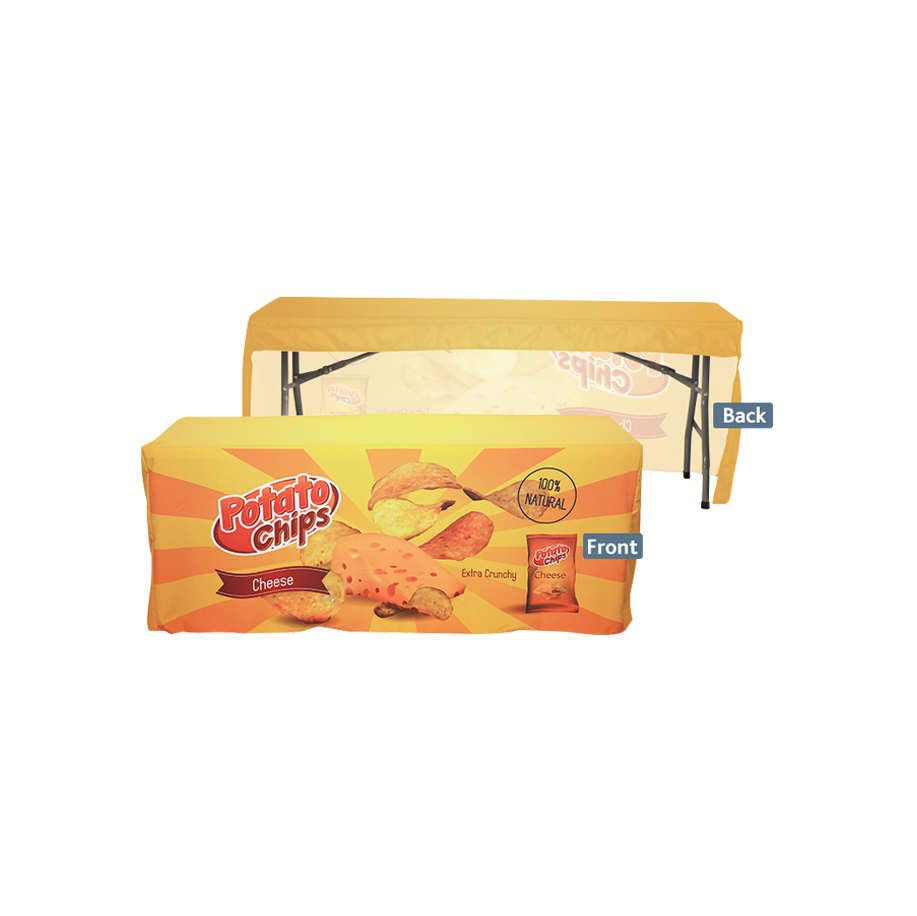 A 4ft fitted table cloth with a vibrant yellow design featuring potato chips imagery and branding. 3-Side Fitted Table Cloth *4ft - Image 1