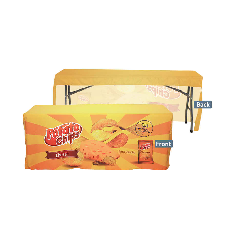 A 3-side fitted table cloth for a 6ft table, in yellow with a logo, featuring images of potato chips on the front. 3-Side Fitted Table Cloth * 6ft - Image 1