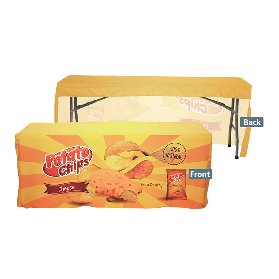 A fitted table cloth for an 8ft table, featuring a vibrant yellow design with a potato chips theme and logos. 3-Side Fitted Table Cloth *8ft - Image 1