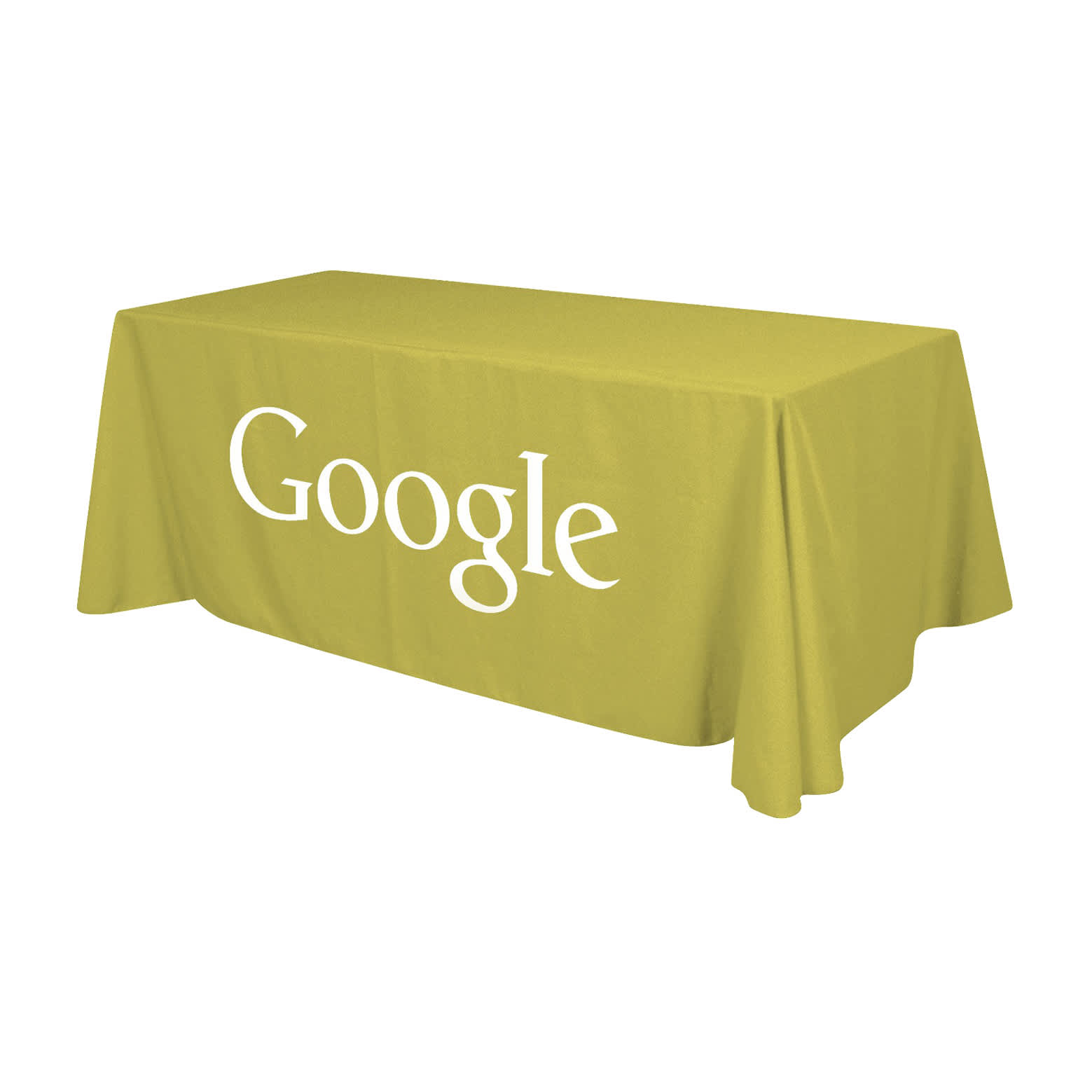 A green 4-sided throw tablecloth for a 6ft table featuring a logo on one side. 4-Sided Throw Table Cloth * 6ft - Image 1