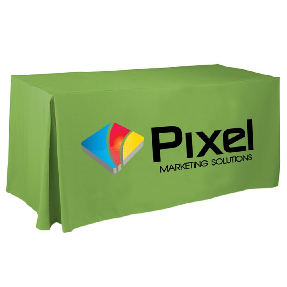 A green 8ft tablecloth featuring pleated sides and a logo, designed for promotional purposes. 4 Side Pleated Table Cloth * 8ft - Image 1