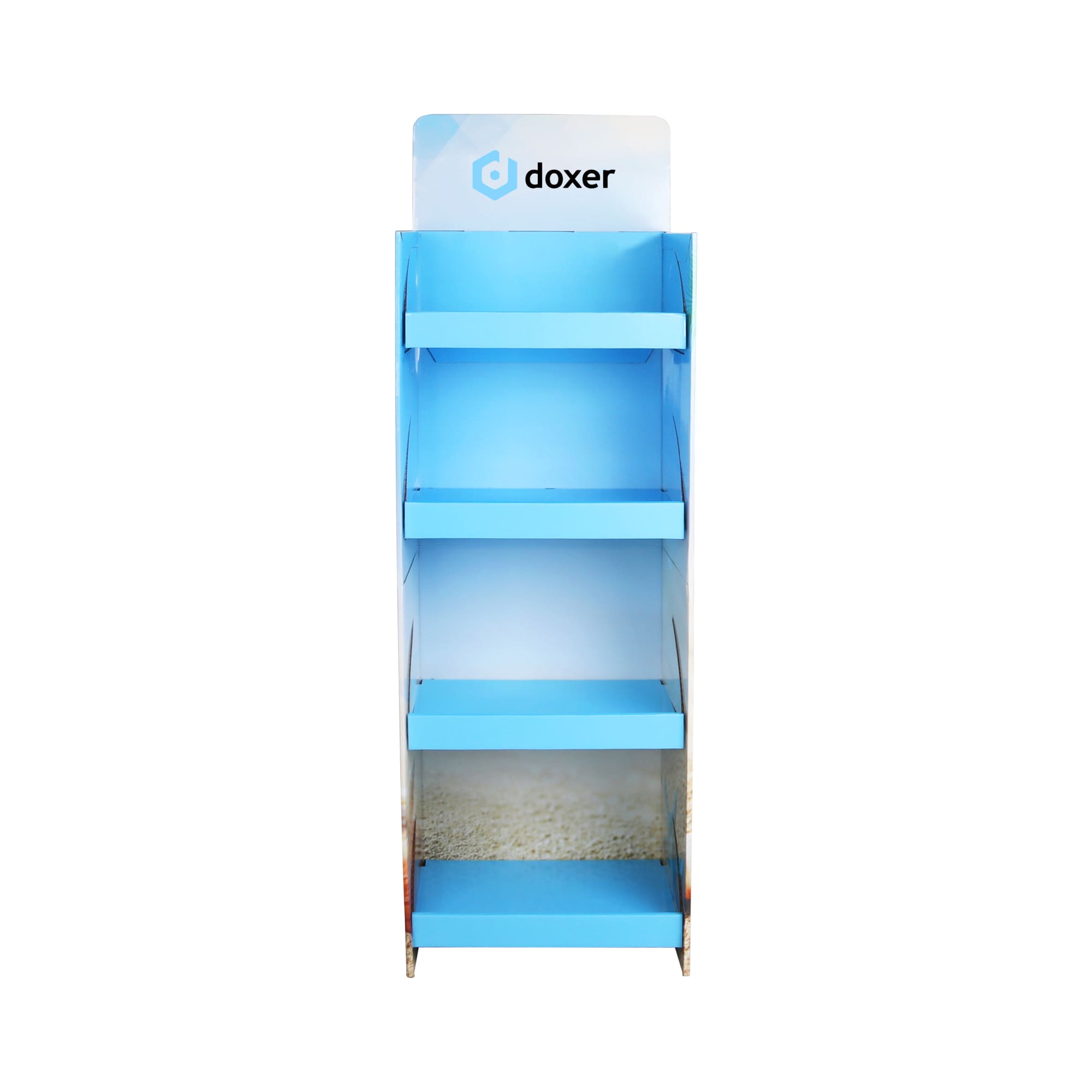 A cardboard floor display in blue with four shelves and a header featuring a logo. Quick Assembly Premium Cardboard Floor Display without Base - Image 1