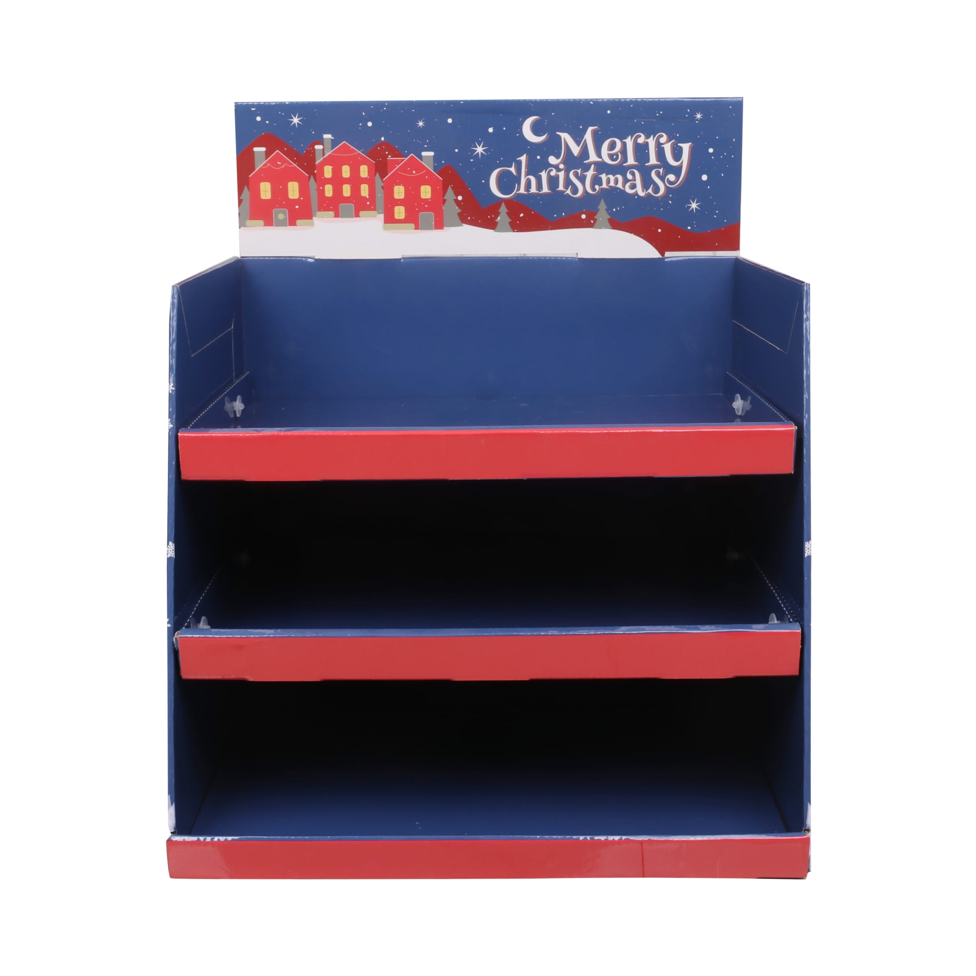 A three-tier counter display in blue and red, featuring a festive Christmas design at the top with a logo. 3 Tiers Counter Display - Image 1