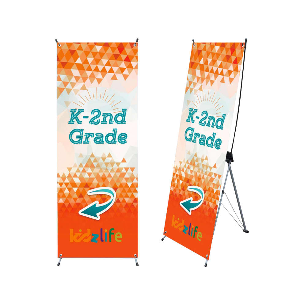 A medium X-frame banner featuring a geometric design in orange and white with a branding logo. Medium X-Frame Banner (80 x 180cm) - Image 1