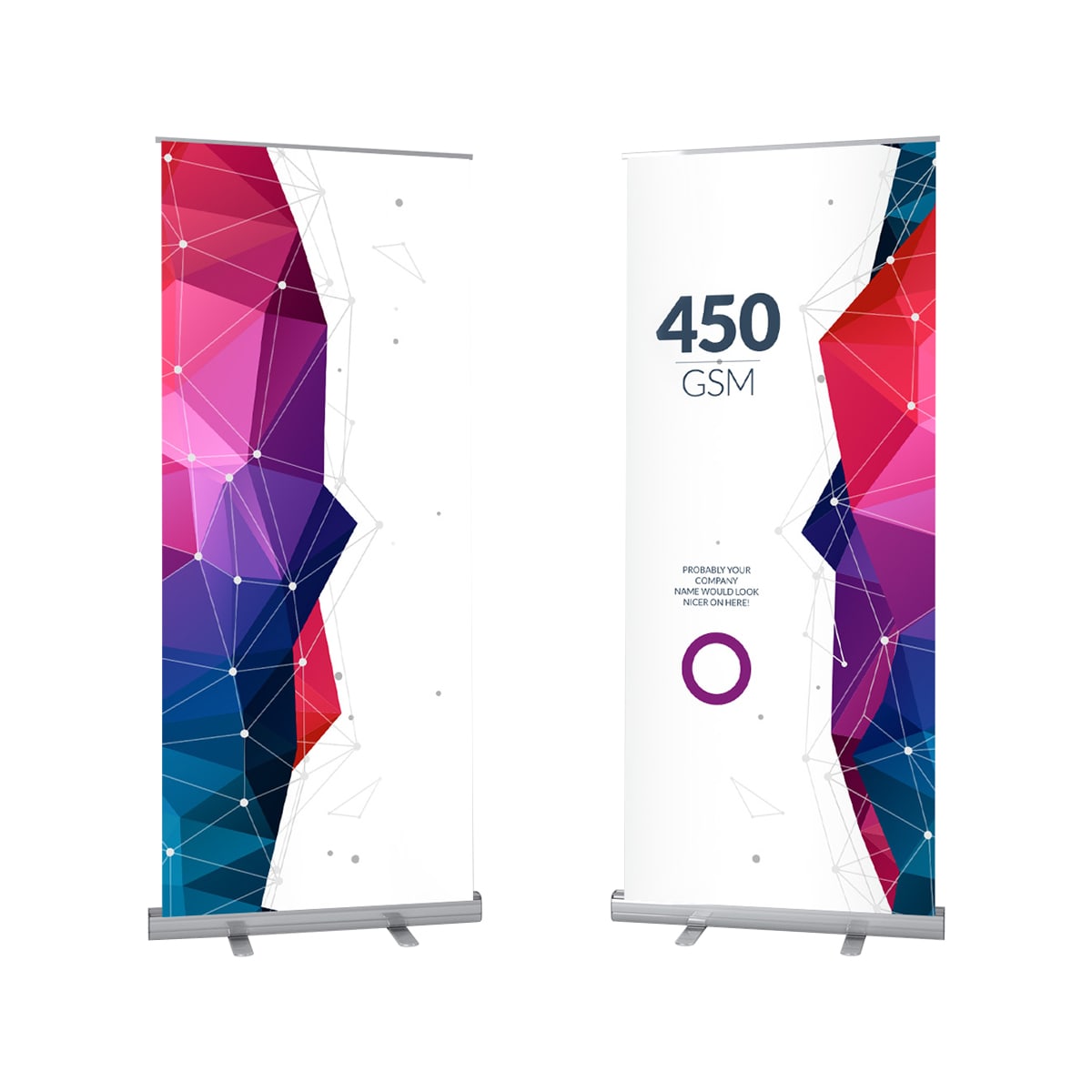 A pull-up banner featuring a geometric design in vibrant pink, purple, and white colours. It has a logo at the base. Standard Pull Up Banner (80 x 200cm) - Image 1