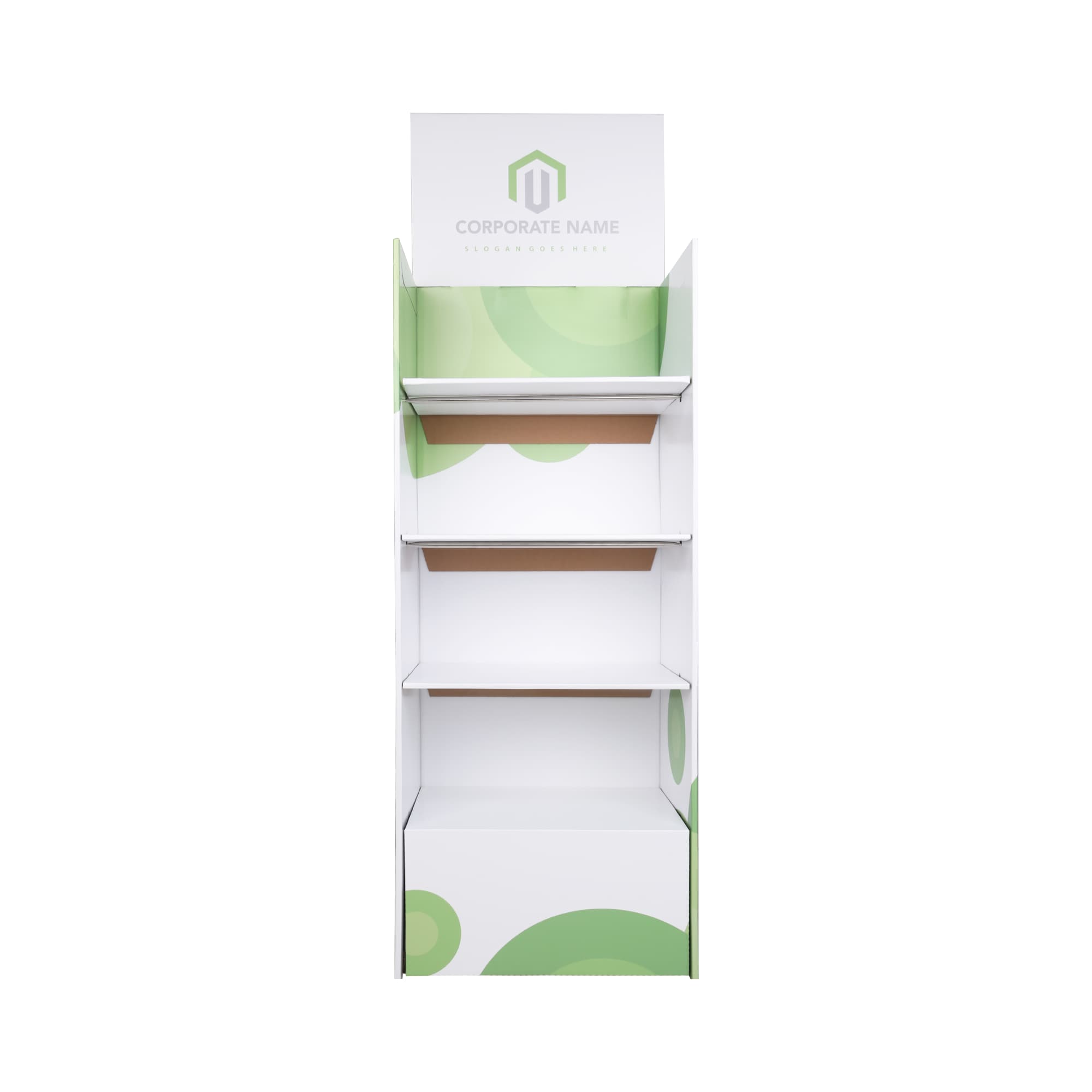 A self-assembly standard cardboard floor display in white and green with four shelves and a branding logo at the top. Self Assembly Standard Cardboard Floor Display - Image 1