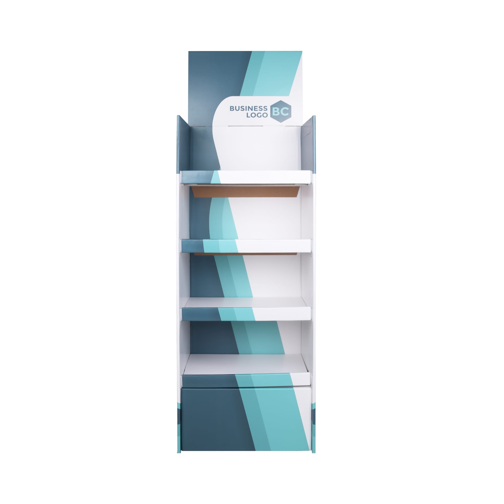 A self-assembly premium cardboard display stand in shades of teal and white with multiple shelves and a branding logo. Self Assembly Premium Cardboard Floor Display - Image 1