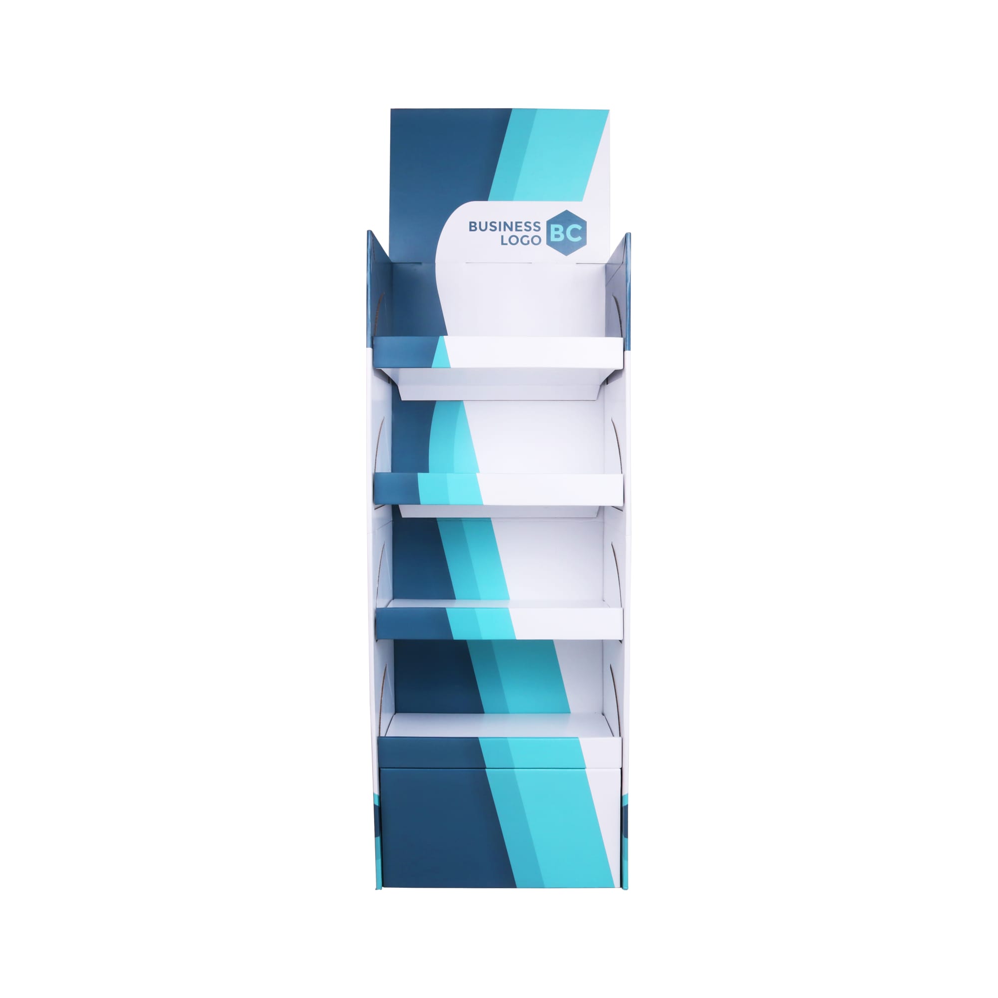 A premium cardboard floor display with a blue and white design, featuring five shelves and a base. Quick Assembly Premium Cardboard Floor Display with Base - Image 1
