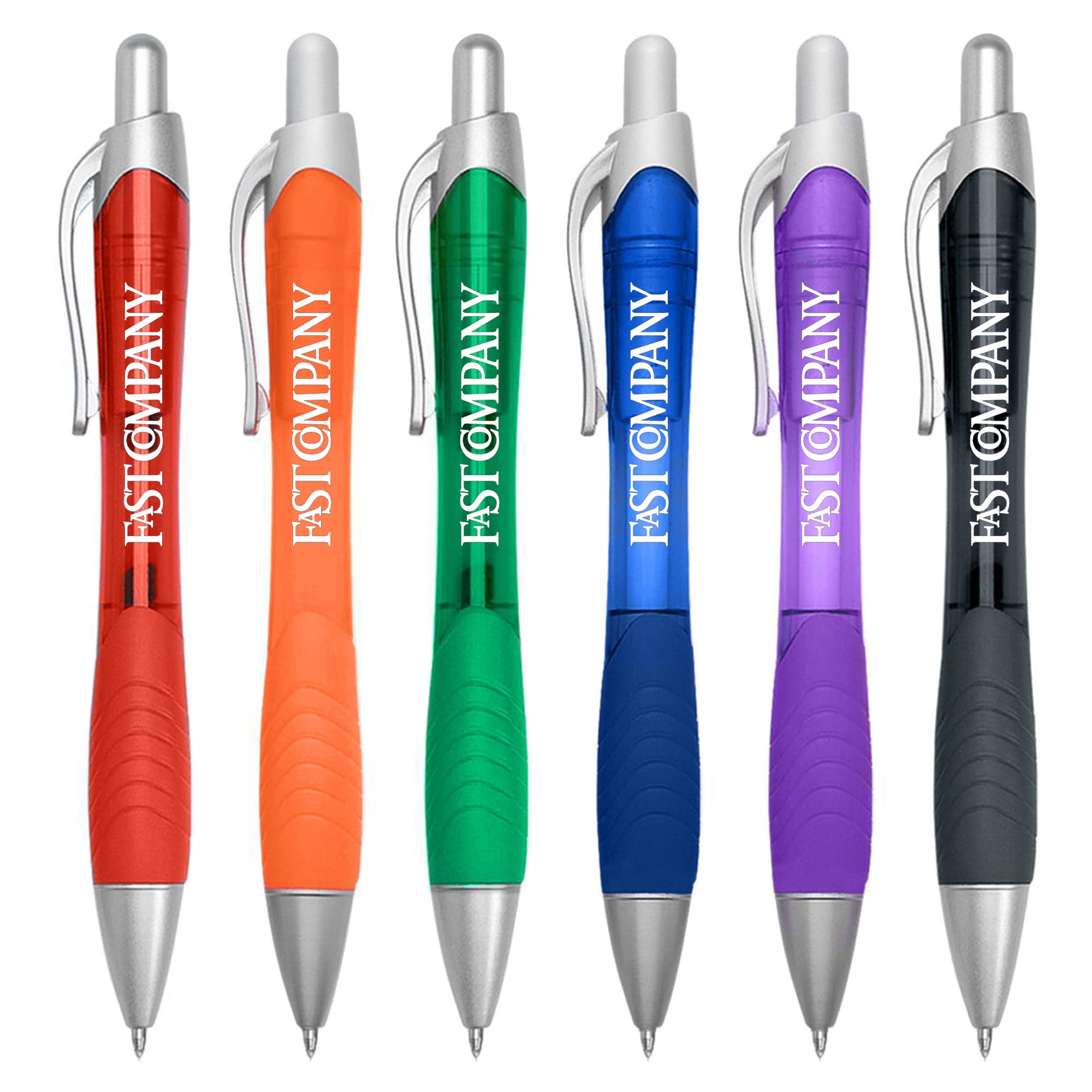 A set of six plastic pens in orange, green, blue, purple, and black with a logo on each. Lipstick - Image 1
