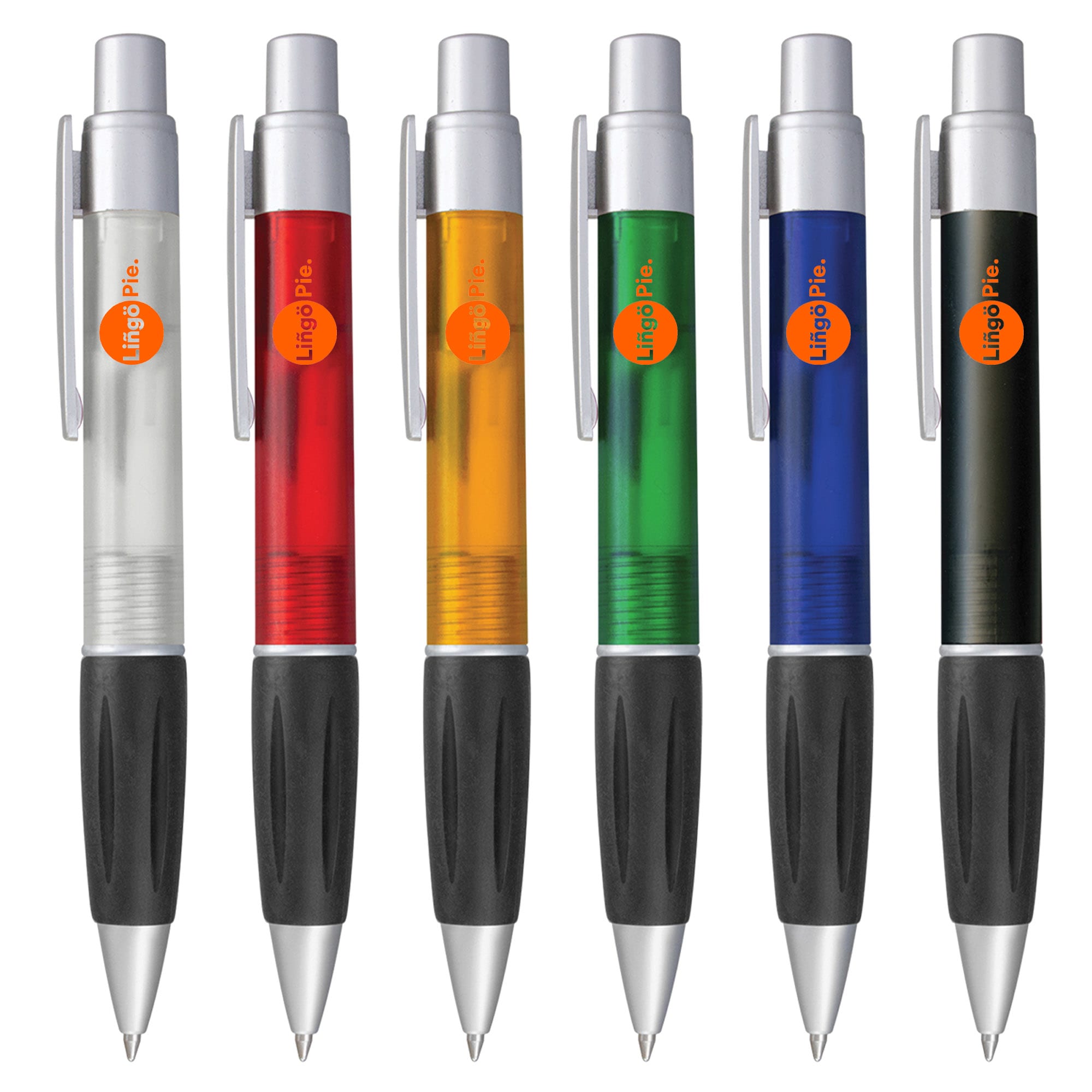 A collection of plastic pens in clear, red, orange, green, blue, and black, each with a clip and a branding logo. Diplomat - Image 1