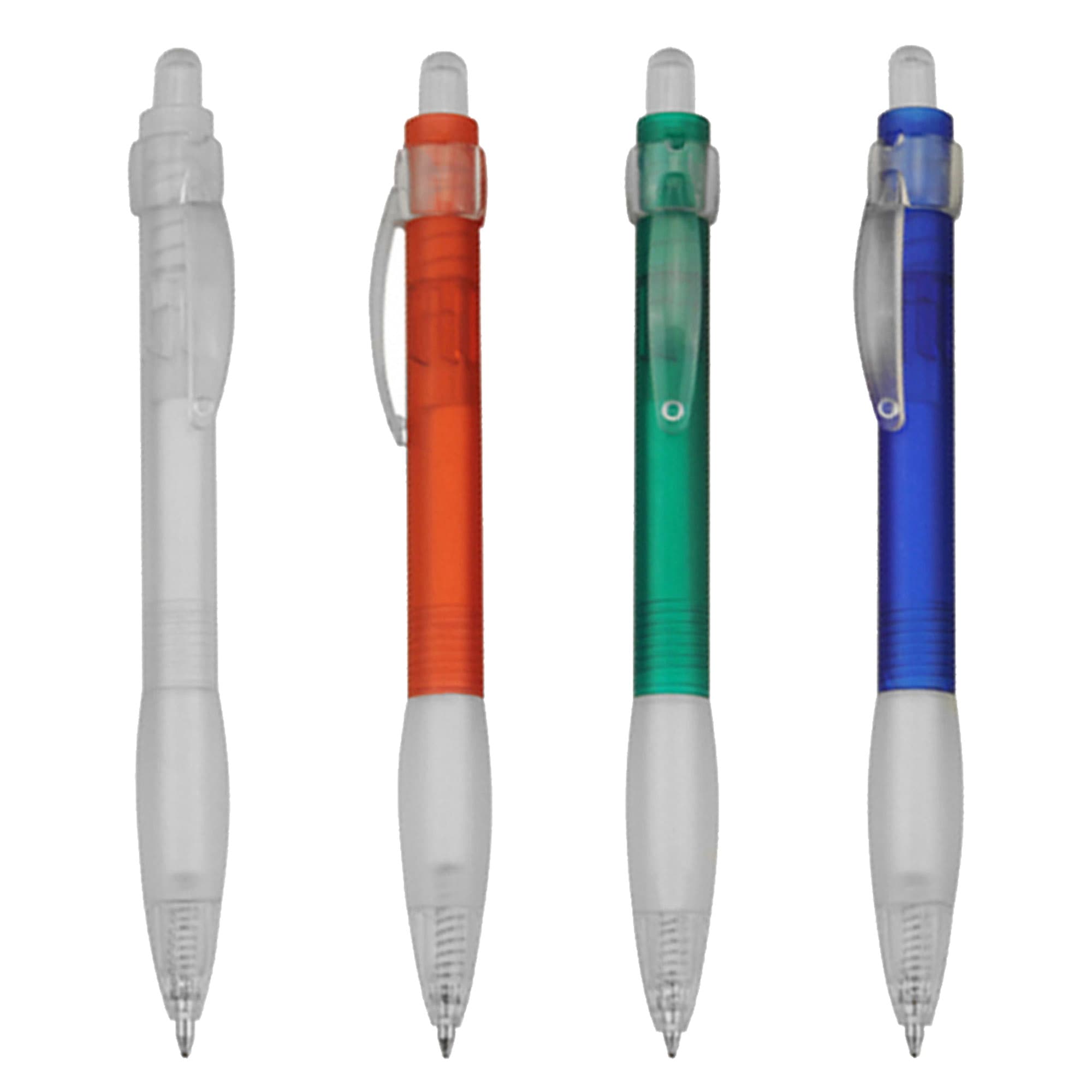 A collection of four plastic pens in clear, orange, green, and blue, featuring transparent grips and a logo. Frost - Image 1