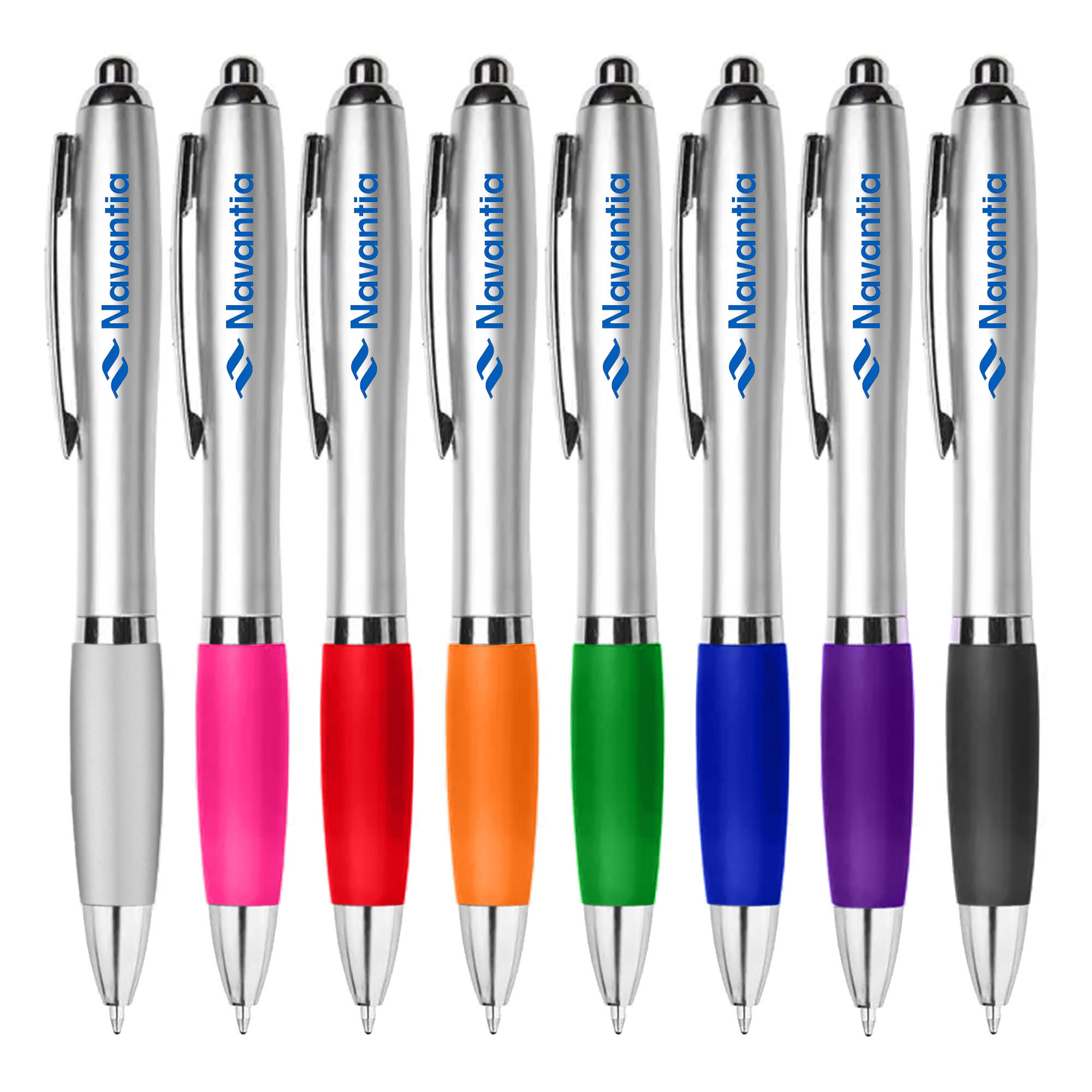 A selection of plastic pens in silver, pink, orange, green, blue, and purple, featuring a logo on each. Pizzaz - Image 1