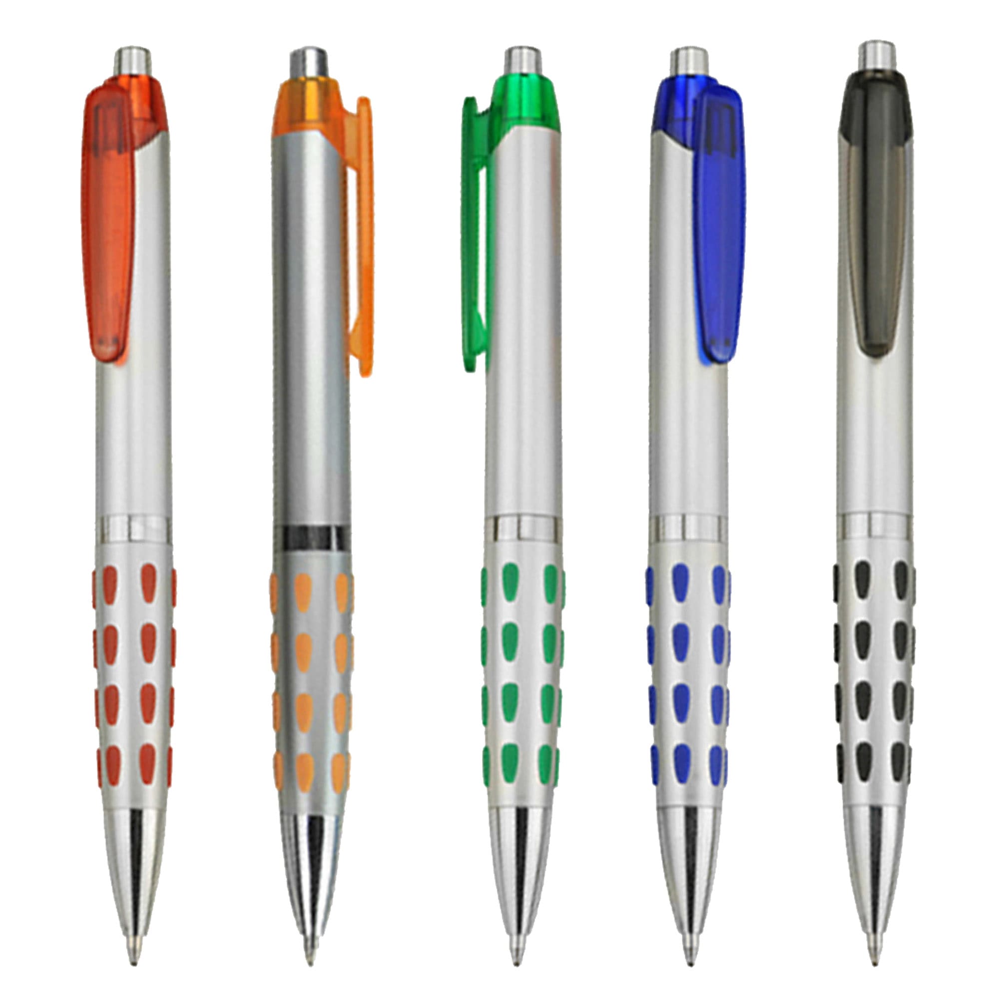 A collection of five plastic pens in silver, featuring bright accents in orange, green, blue, and black, with dotted grips. Stencil - Image 1